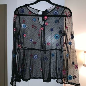 Sheer Blouse w/ Floral Appliqué